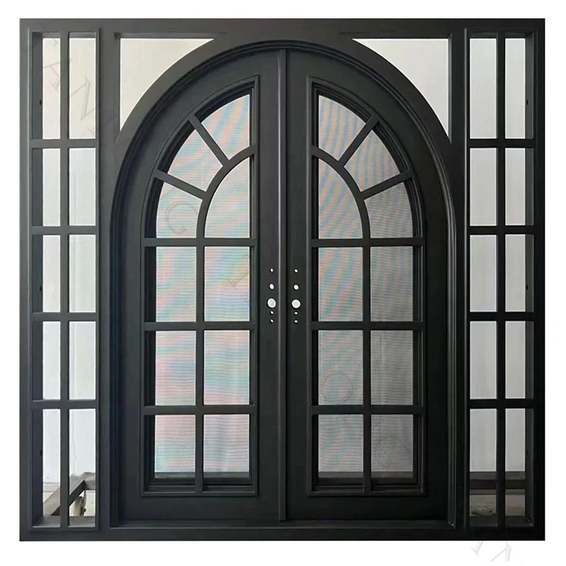 Factory Modern Iron French Front Door Arched Interior Door With Glass For Entrance House