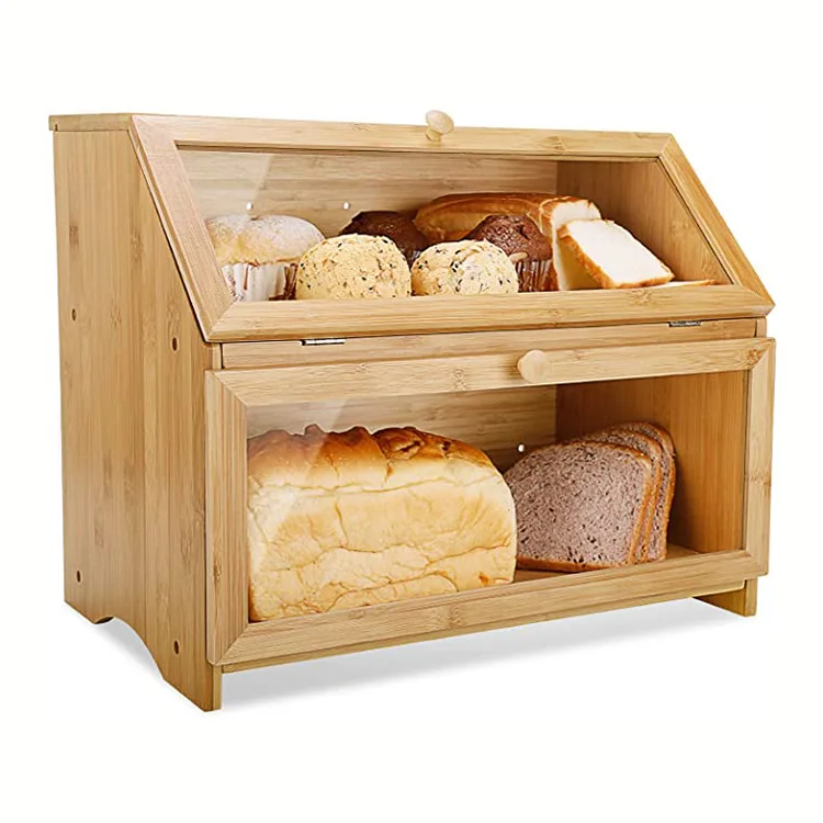 Modern Kitchen Bamboo Food Bread Bin Loaf Toast Storage Box 2 Layer Luxury Large Capacity Countertop with Acrylic Lid