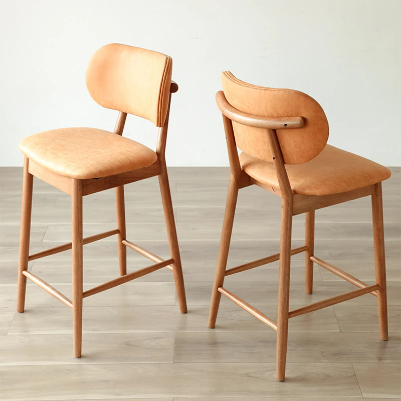 Japanese retro style solid wood bar chair home modern minimalist leather backrest high leg bar stool