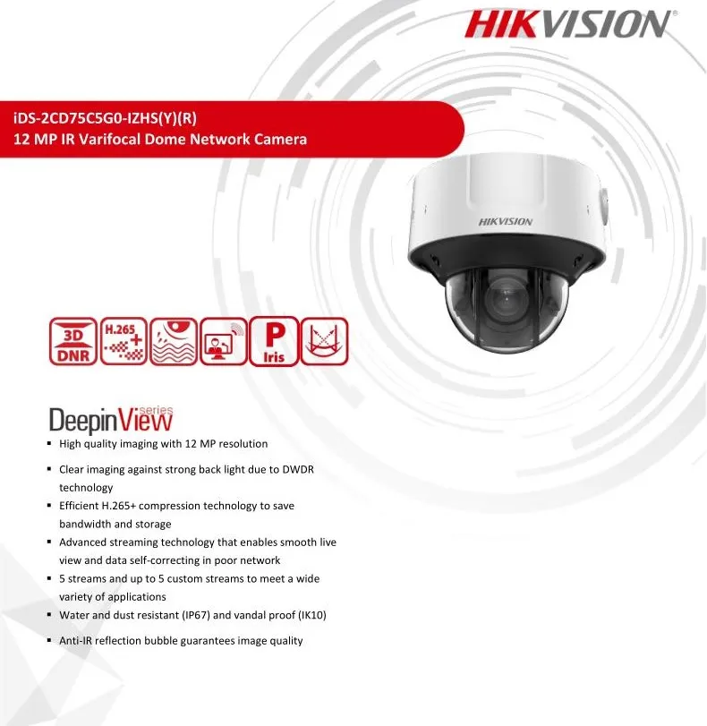 IDS-2CD75C5G0-IZHSYR 4K ip-камера 12MP DeepinView наружного купола отключения памяти P-Iris глубокого обучения