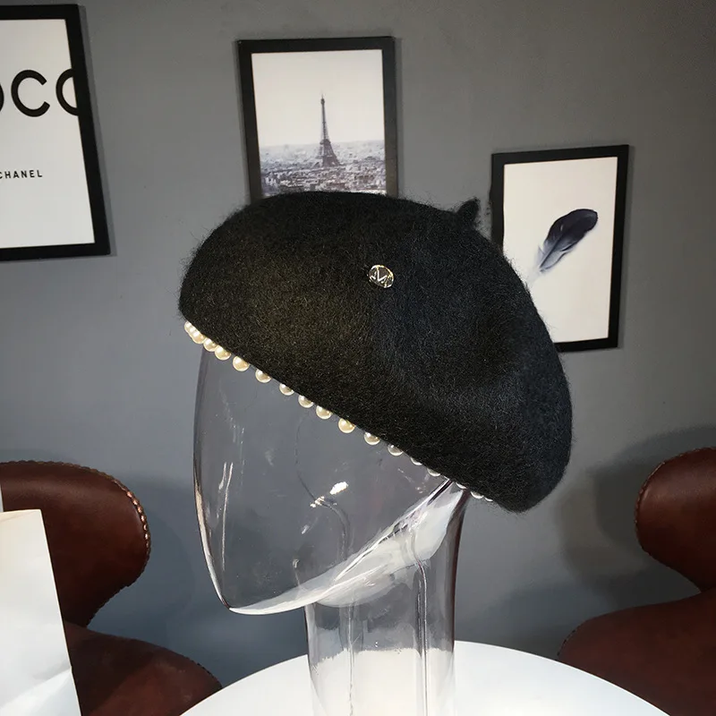Wholesale Winter Custom Fragrance High Quality Beret Hat Wool Pearl Solid Color Retro Girls French Beret Cap Women
