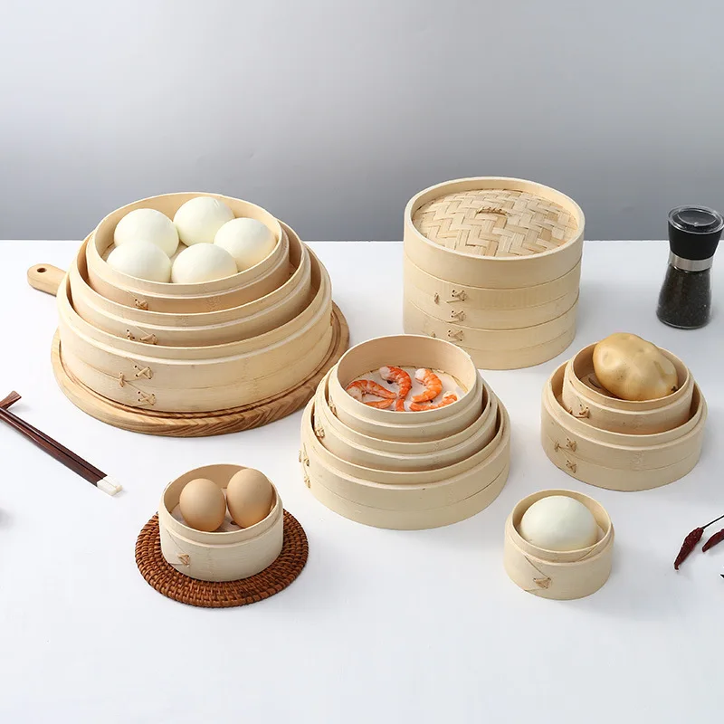 Kitchen accessories 10 inch 12 inch dumpling sticky rice food dim soup wood 2 tier mini dim sum bamboo steamer dim sum