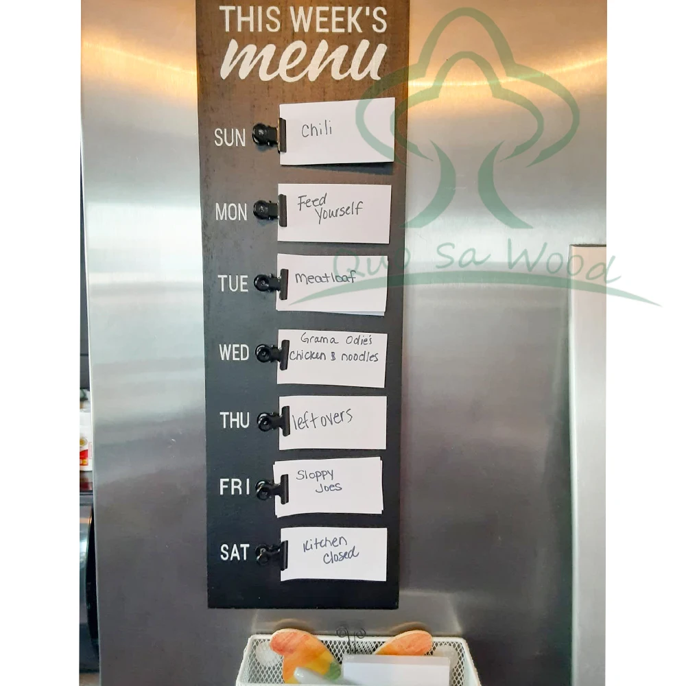 Rustic Menu Planner Wood Sign with Clips and Mini Sticky Note Vintage Farmhouse Kitchen Refrigerator Chalkboard Magnet Display