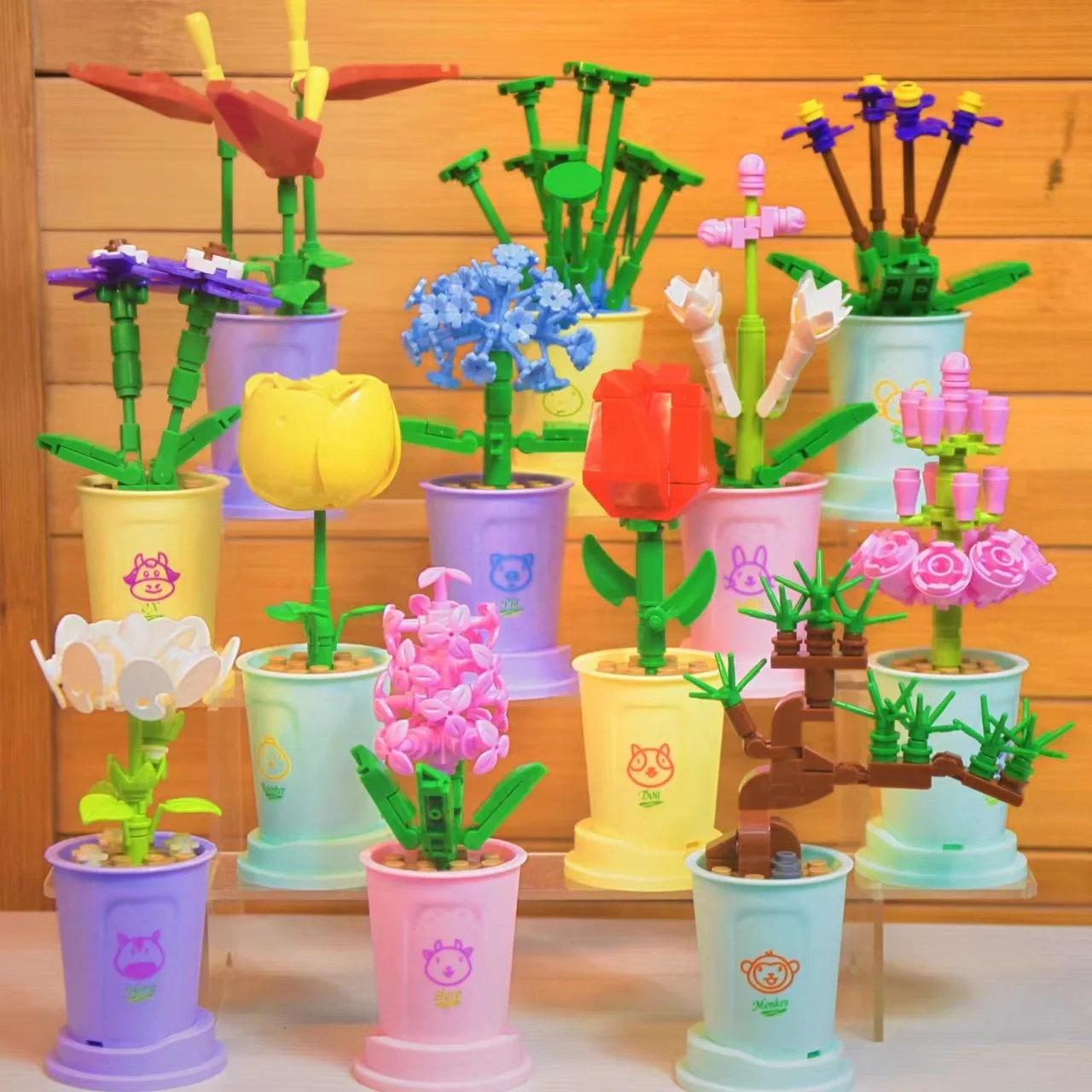 Factory Price  Rose Succulents Hydrangea Penglai Pine Potted Plants Vase Cup Decorate Building Blocks Model Bricks Sets Kits Toy