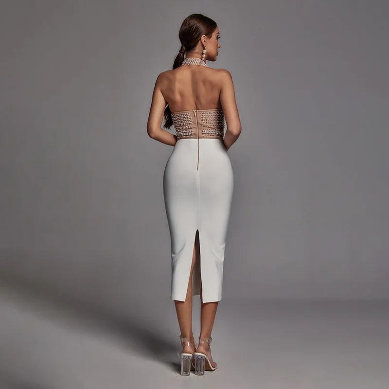 Wholesale Private Label OEM Women Pearl Beaded Birthday Midi Bandage Cocktail Elegant Party Dress Ladies Elegant