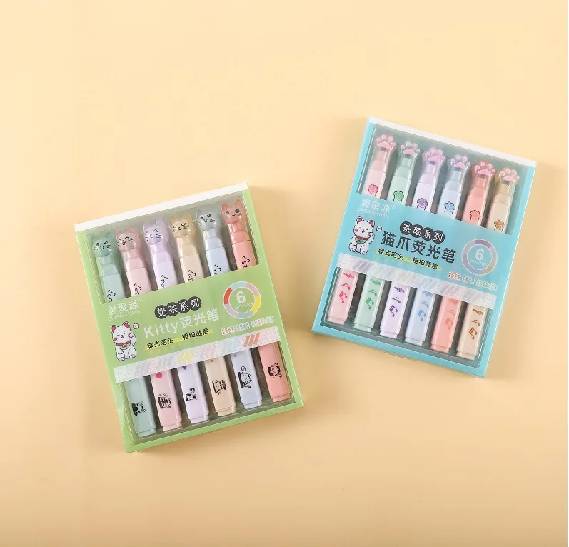 Cute Cat Highlighter Creative Milk Tea Color Student Stationery Accent Marking Hand Account Pen Set