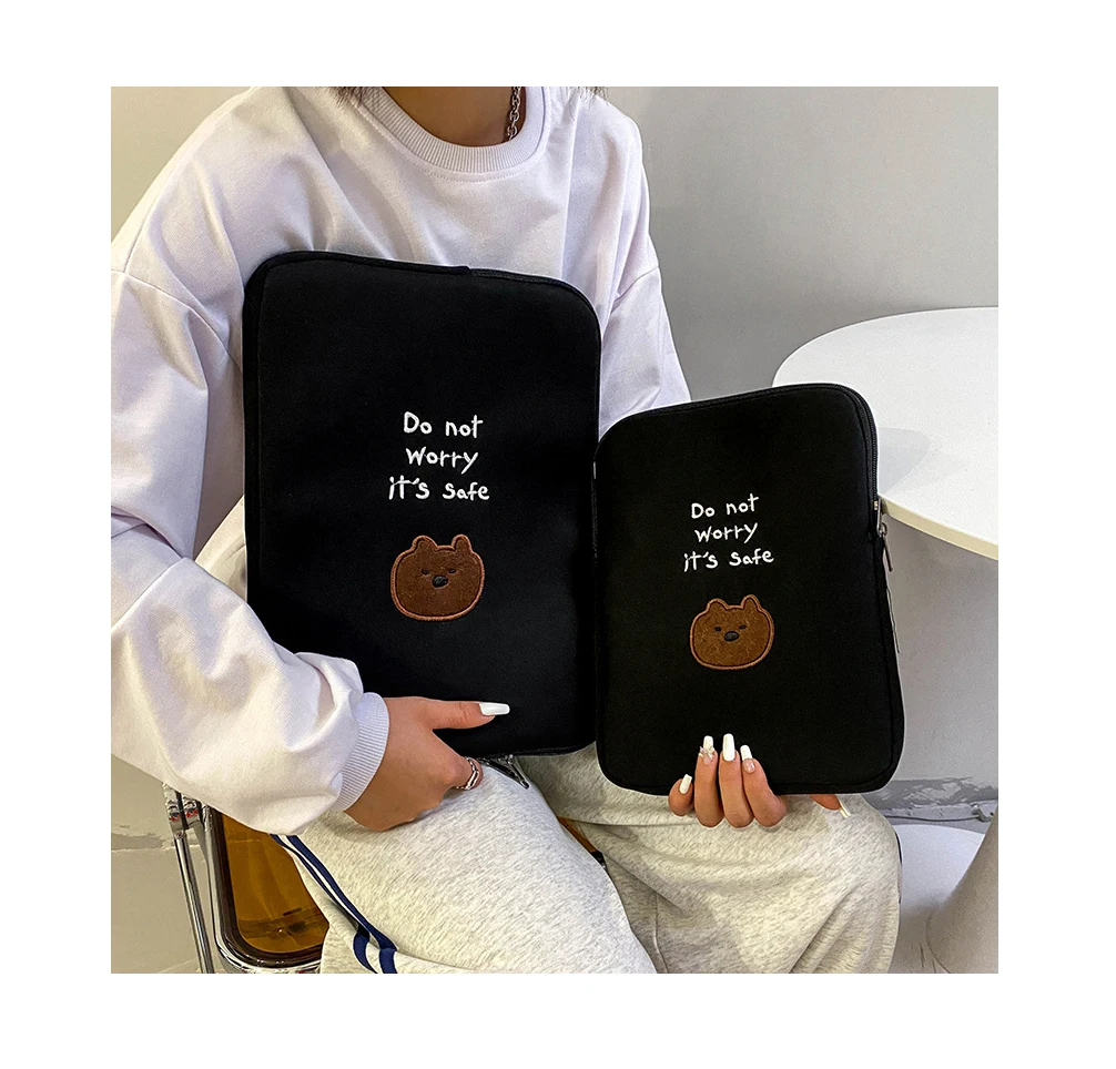 Factory Wholesale Customized Black Cotton Cute Embroidery Ladies Laptop Bag Ladies Tablet Sleeve