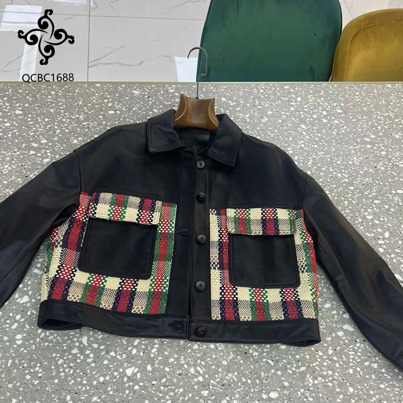 Plaid lattice splicing leather coat women 2024 new uniform size loose and thin motorcycle clothing short