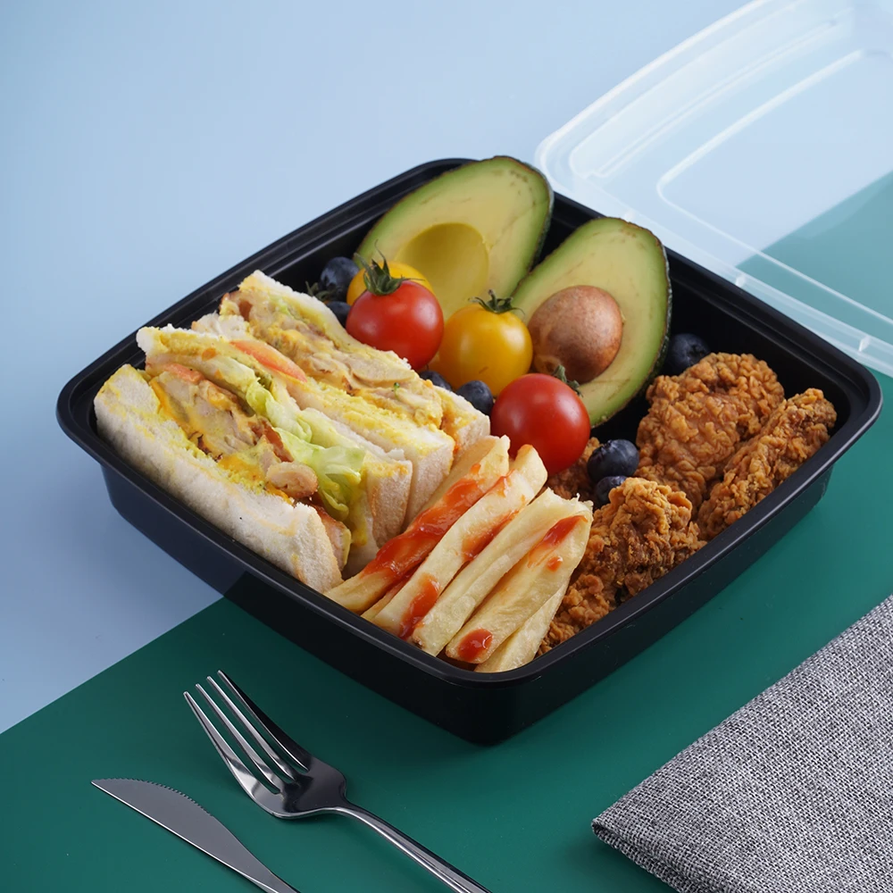Microwavable Restaurant Black Plastic Box Disposable Packaging Fast Food Packaging Box Take Away Lunch Box