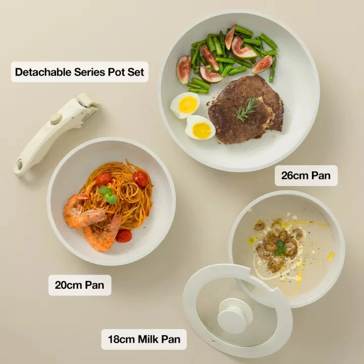 Carote Eight Mile Place Collection, Handle Removable Non-stick Cookware Set, Including 20&26cm Frying pan + 18cm Saucepan