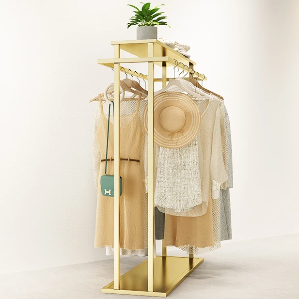 heavy duty Iron Clothing Store Display Stand Floor Double Row Side Hanging Shelf Golden Clothes Shelf Garment Racks Factory