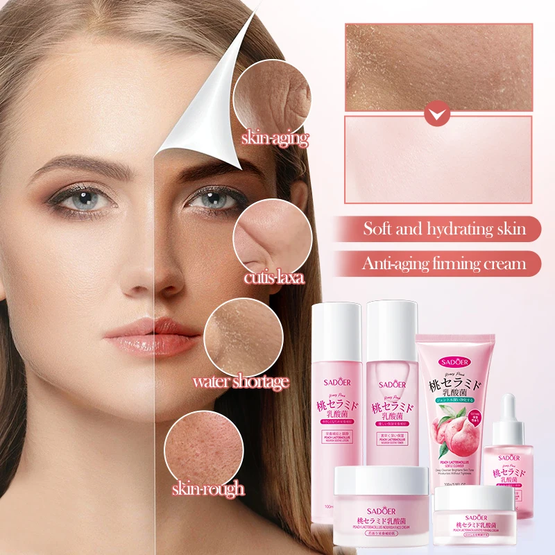 OEM SADOER Private Label Nicotinamide Beauty Cosmetic Products Peach Lactobacillus Nourishing Whiten Moisturizing Skin Care Set