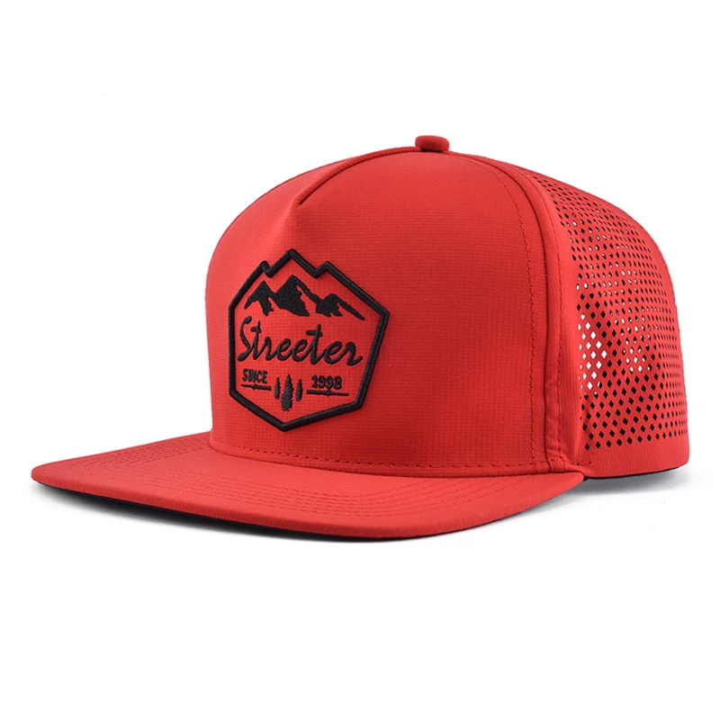 customised 5 panel laser cut drilled hole nylon custom luxury snapback hat embroidered cap for men