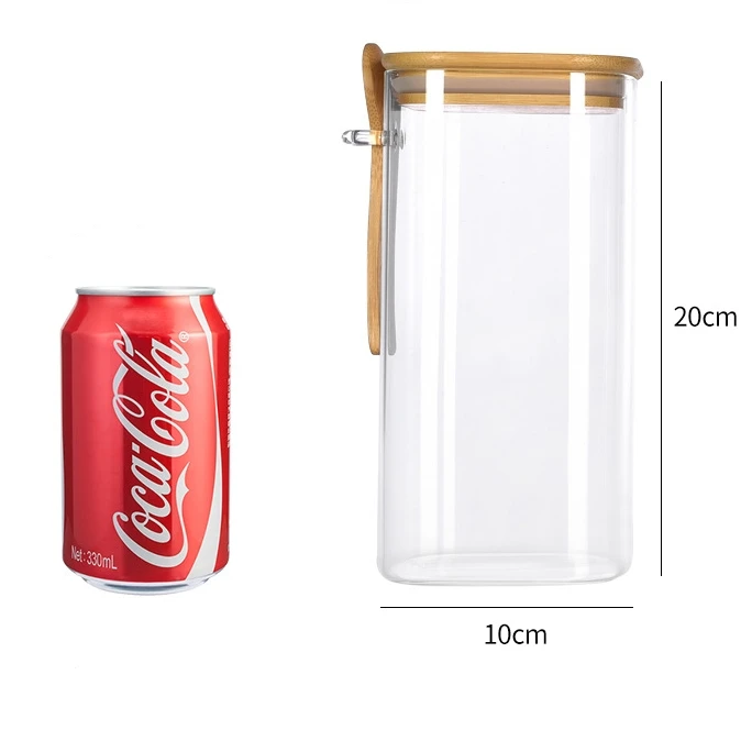 Transparent Glass Household Food Storage Jars with Bamboo Wood Lid Spoon for Salt Sugar Spice Pepper Seasoning for Hotels