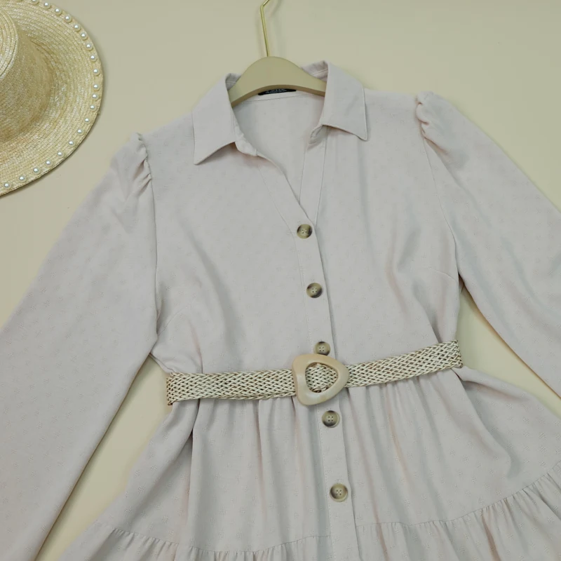 New summer lapel waistband button long sleeve solid color pleated waistband casual blouses blouse dresses