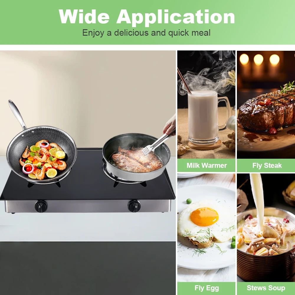 Gas Stove 2 Burner Propane Portable Auto Ignition Gas Cooktop LPG with Tempered Glass for Indoor Outdoor Kitchen