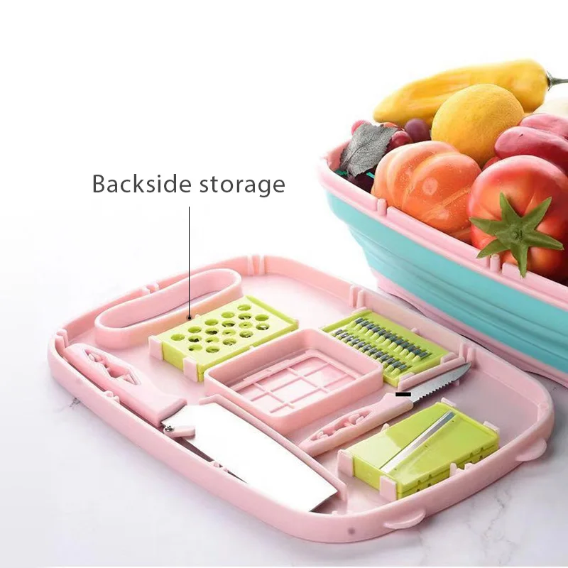 10 in 1 Plastic Collapsible Cutting Board with Colander Fruits Vegetables Wash and Cutting Drain Sink Storage Basket