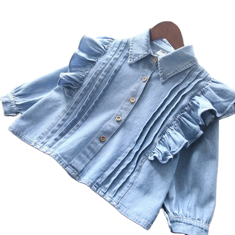 New Style Girls Ruffle Denim Shirt Spring Cotton Full Sleeve Fashion Girls Blouse 2-7 Year