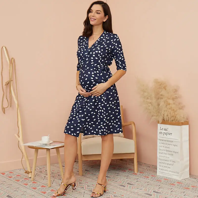 
Tailored Maternity Mom Summer Cross-Front V Neck Polkadot Digital Print Half-Sleeve Front Feeding Nursing Dress With Waist Belt 