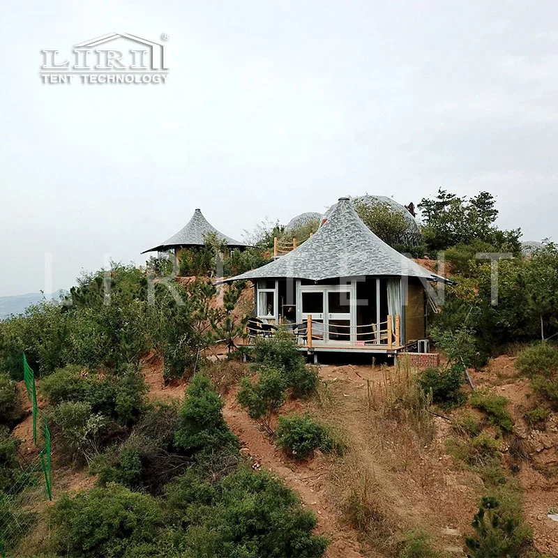 Outdoor Luxury Round Camouflage  Glamping Campsite Hotel Bed Tent with Furniture and Bathroom