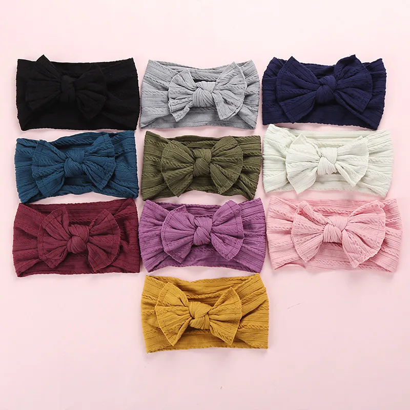 Newborn Baby Cable Knit Nylon Headbands Infant Knitted Bows Headband Ribbed Bow Nylon Headband Kid Girls Photo Props