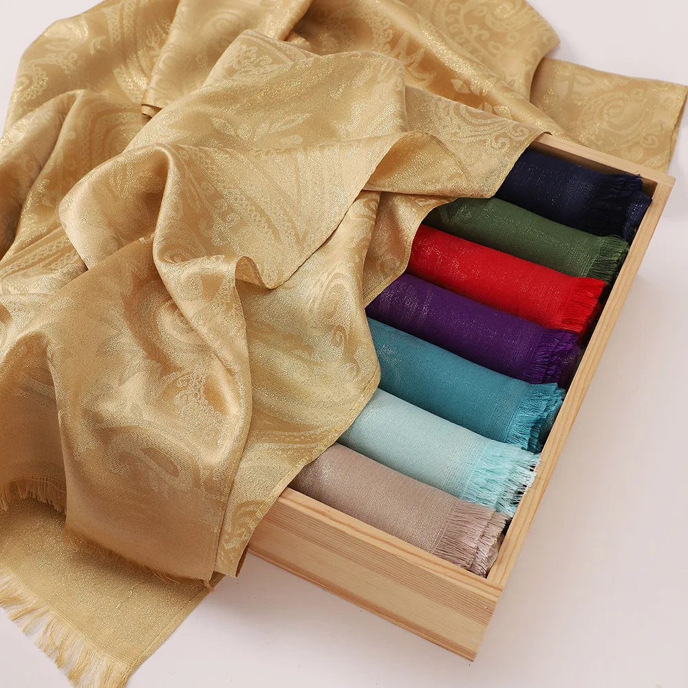 New Arrival Fashion Malaysia Women Golden Linen Plain Hijab Scarf Muslim Glitter Shimmer Silk Shawl Ethnic Woman Shimmery Scarfs