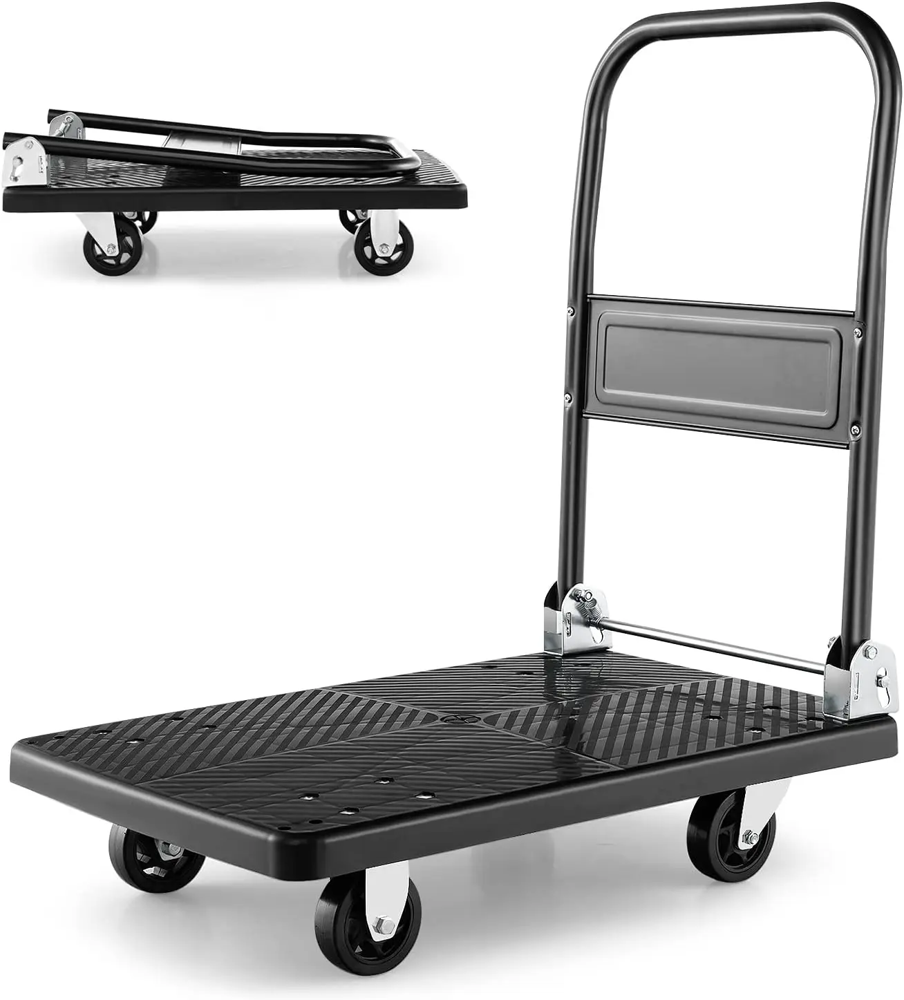 Heavy Duty Black Folding Hand Truck 100kgs Luggage Cart 6 Wheels 2 Elastic Ropes Utility Dolly Platform Cart Travel Shopping