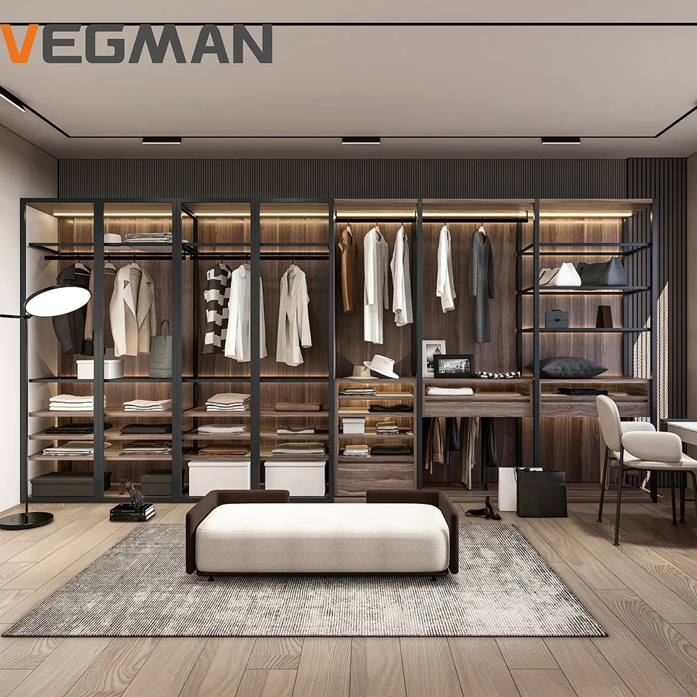 Vegman Customized Minimalist Wooden I Shaped Walk in Closet Dressing Room Wardrobe System