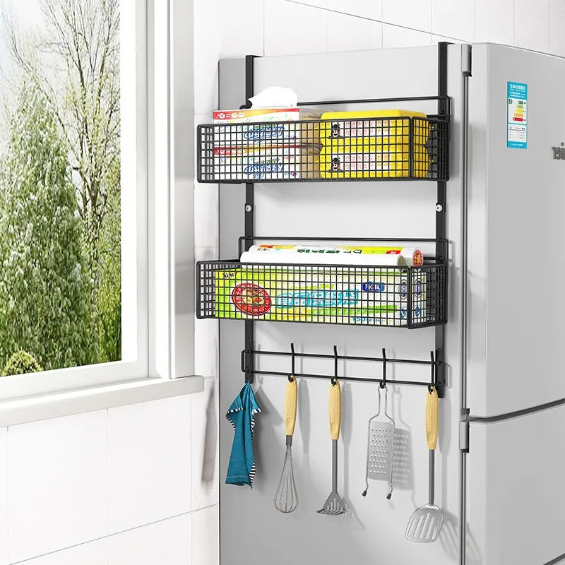 Refrigerator shelf side storage kitchen multifunctional wall-mounted shelf freezer cling film paper towel hanging rack spice