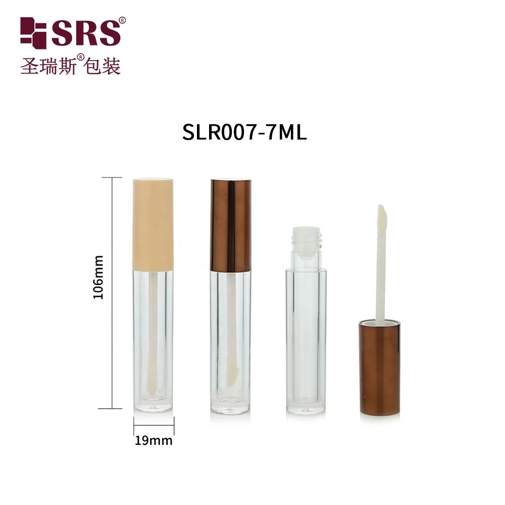 SLR007-7ML Clear Tube Empty Packaging for Lip Glaze Primer with Bronze Shiny Metallic Colored Lid with Brush Cosmetic Bottles