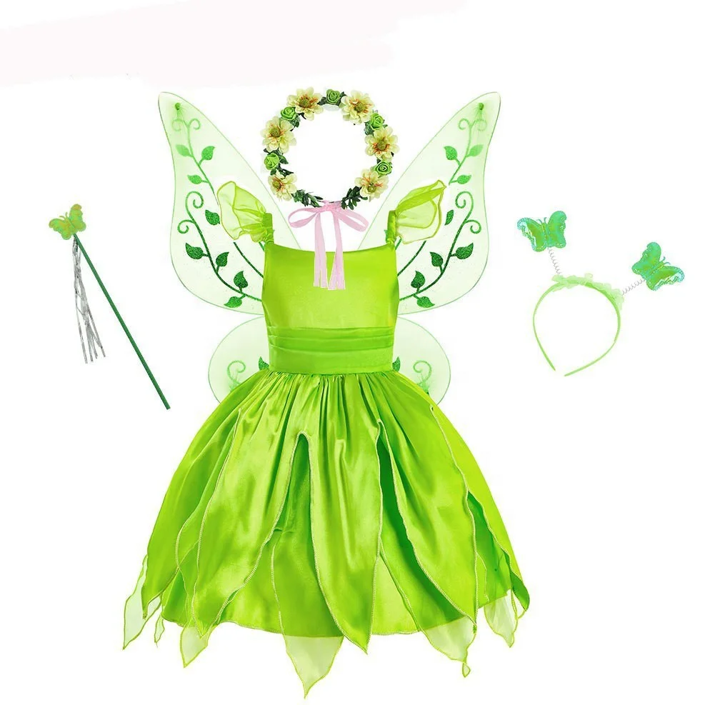 Factory price Halloween cosplay green elf dress Princess Tiana Tinker Bell school Party kids performance clothes