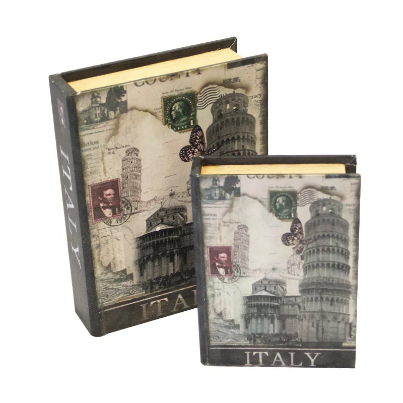 2 Pack Decorative Book Boxes Wooden Antique Book Italy Leaning Tower of Pisa Pattern Decorations Vintage Book Storage Box