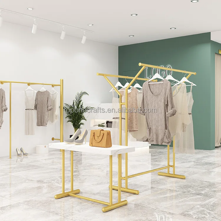 High Quality Women Clothing Store Furniture Modern Portable Clothing Display Rack Gold Pipe Wall Mounted Clothes Hanging Racks