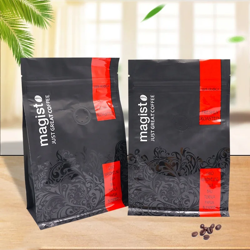250g 500g 1kg 12 Oz Custom Printed Coffee Bags With Valve Zipper Flat Bottom Gusset Coffee Bean Pouch Bag