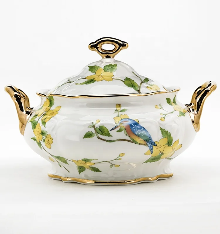 
Latest Design gold rim Ceramic Soup Tureen Bowl with lid 