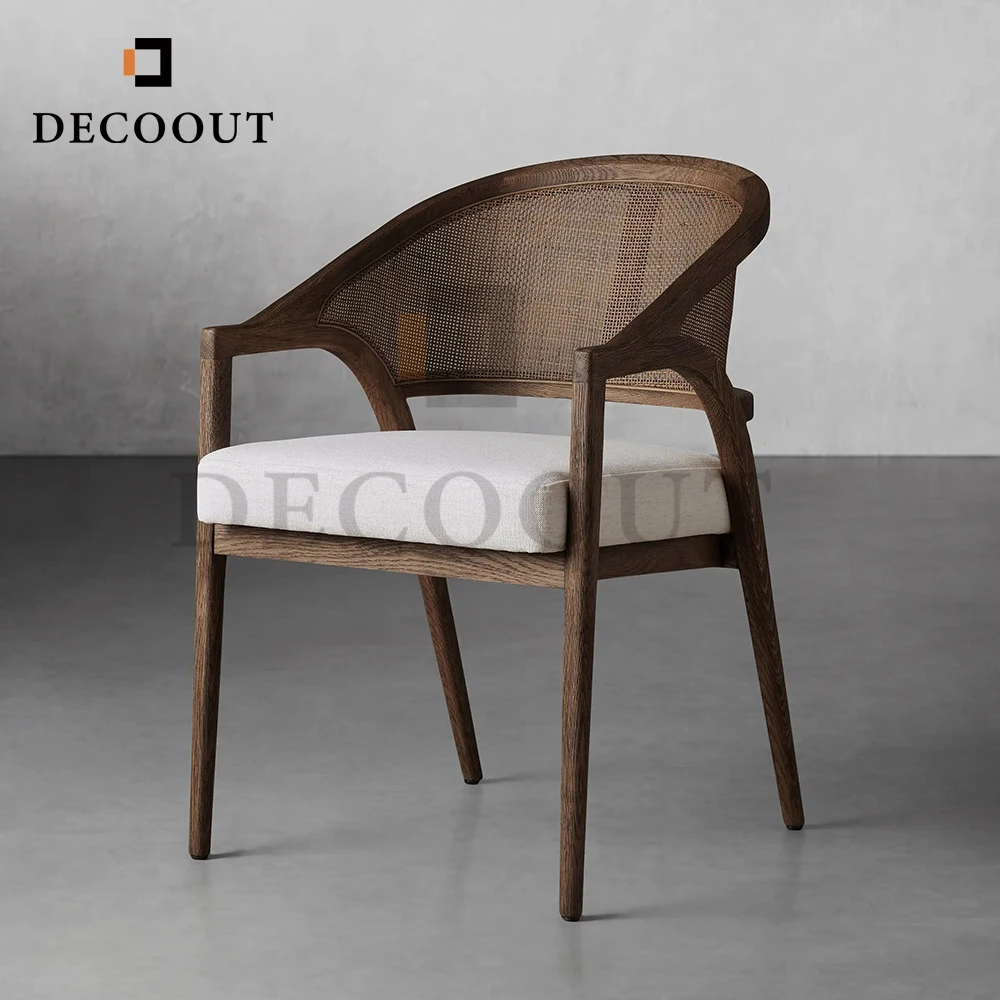 Decoout High Quality French Real Rattan Solid Wood Arm Chair Cane Dining Chairs for Dining Room Restaurant Cafe