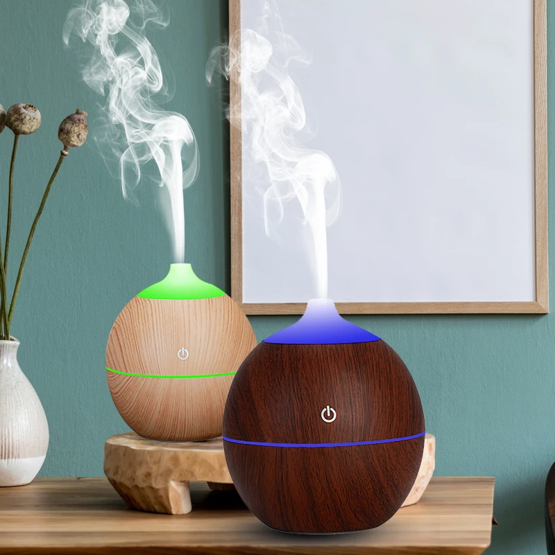 free sample-Aroma humidifier room round small nozzle USB led 7 light wood grain cool mist aroma ultrasonic humidifier