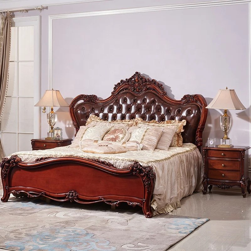 European Royal Luxury Wooden Carved Genuine Leather King Size Furniture Bed Room