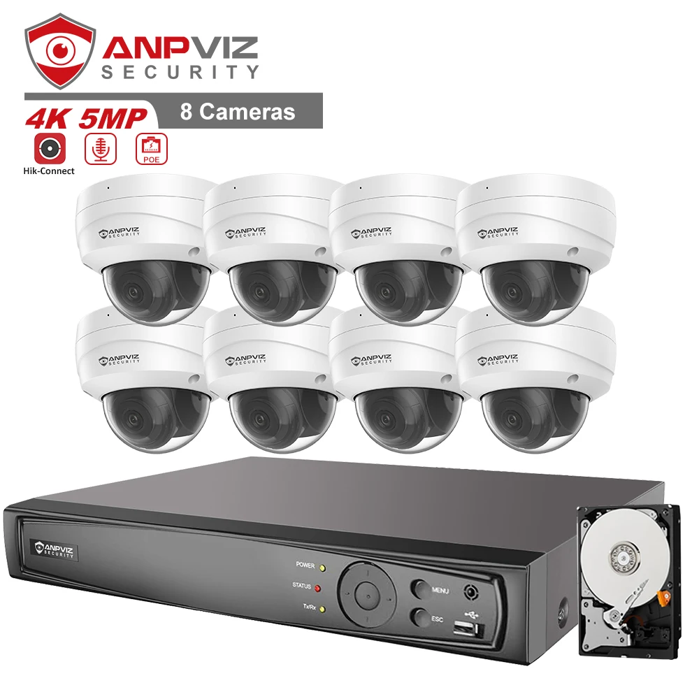 Система безопасности Anpviz купольная IP-камера 5 Мп с датчиком движения 8 каналов 4K сетевой видеорегистратор жестким диском 4 ТБ совместима H.265 и