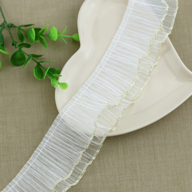 5.5 cm white color ruffled lace trim 2 layer pleated mesh lace trimming for ladies dress  clothing