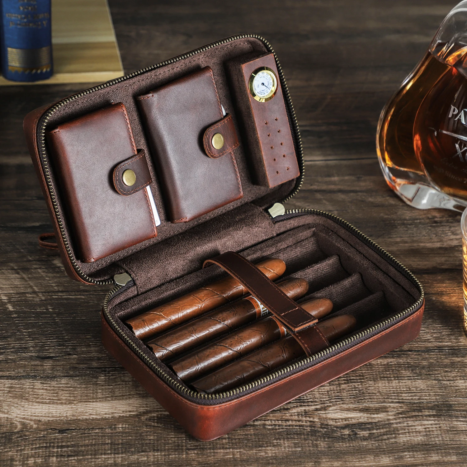 Travel Humidor Cigar Box Case Custom Embossed Logo Leather Cigar Humidor Case For 4 Cigars with Digital Hygrometer CF5022