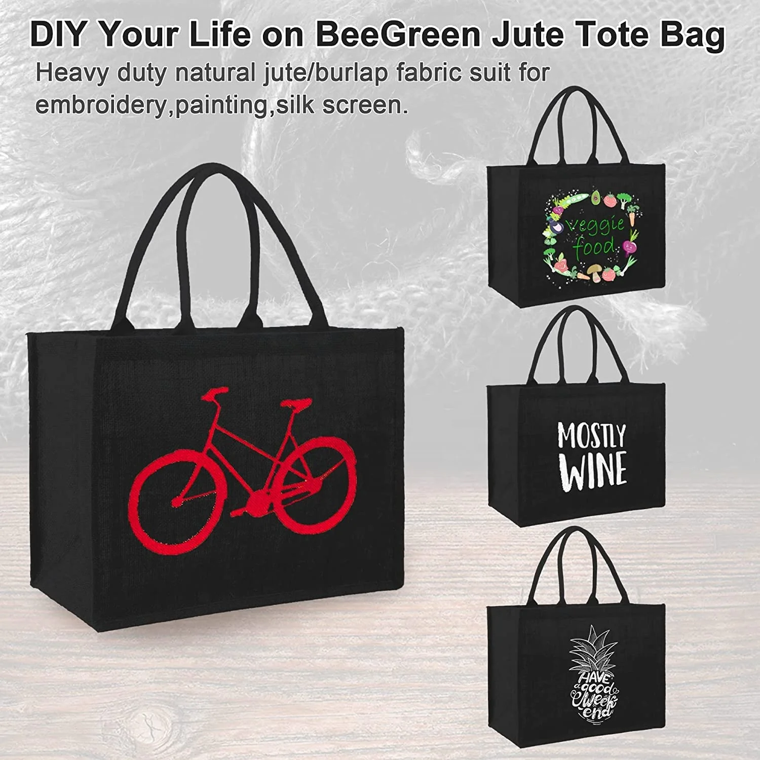 Black Jute Tote Bags Bulk Inner Zipper Pocket Cotton Handles Large Burlap Beach Tote Bags for Teacher Blank Bridesmaid Tote