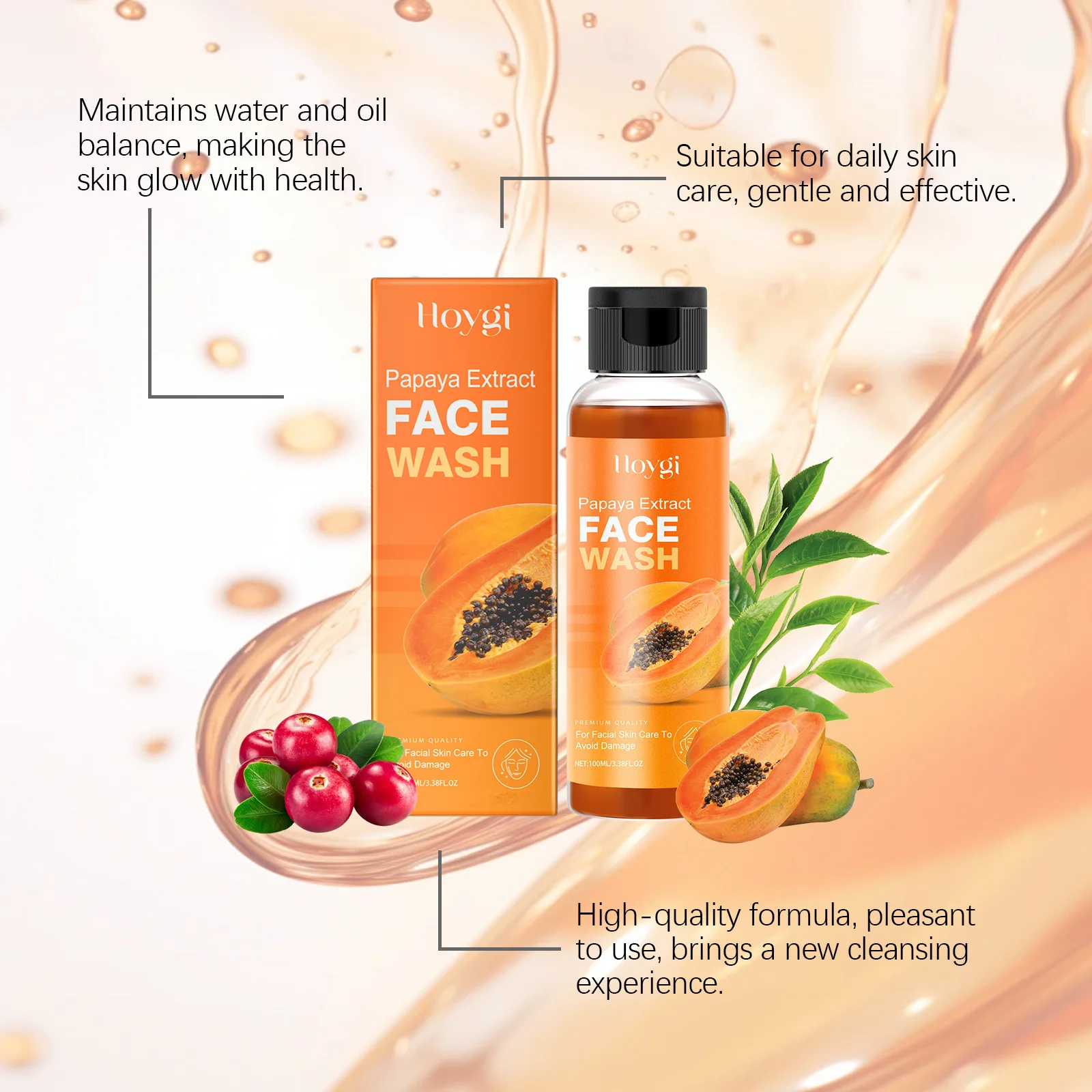 HOYGI Facial Cleanser Skin Care Moisturizing Deep Cleansing Whitening Arbutin Hyaluronic Acid Papaya Face Wash Liquid 100ml