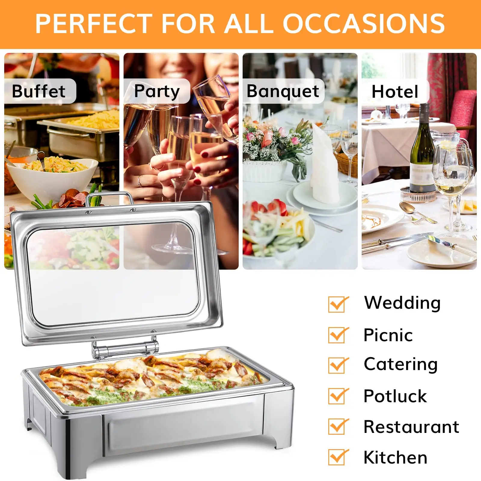 Chaffing pour cheffing dish stainless steel buffet serving chauffandise tray, shaffing chafer dish buffet heater set warmer