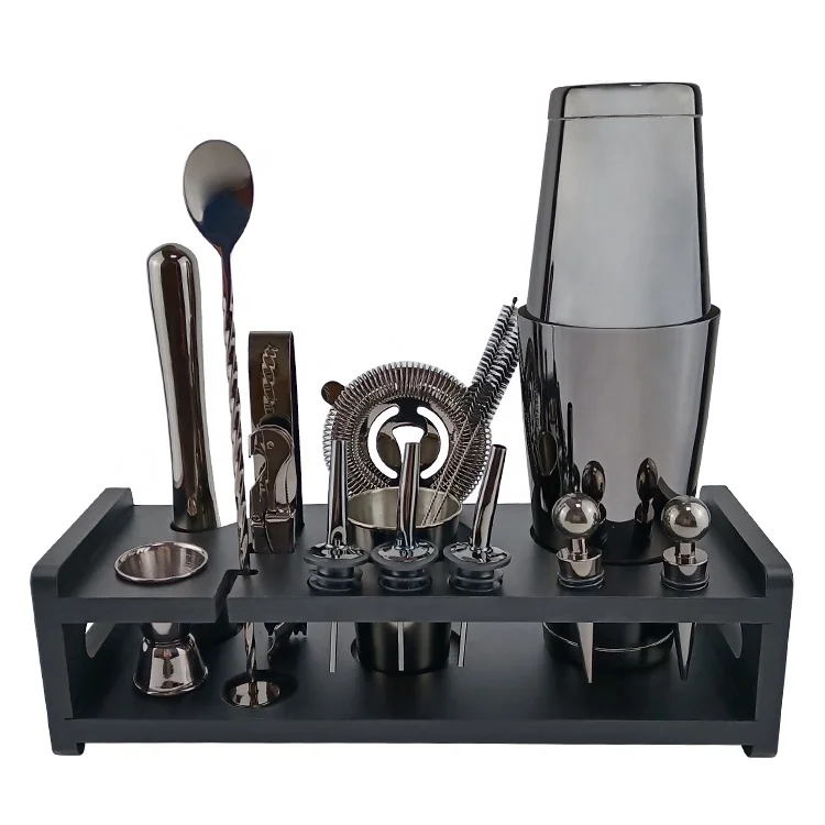Black Cocktail Shaker Set Bartender Kit Bag Tool Cocktail Shaker Stainless Steel Bar Tool Set with Bamboo Stand