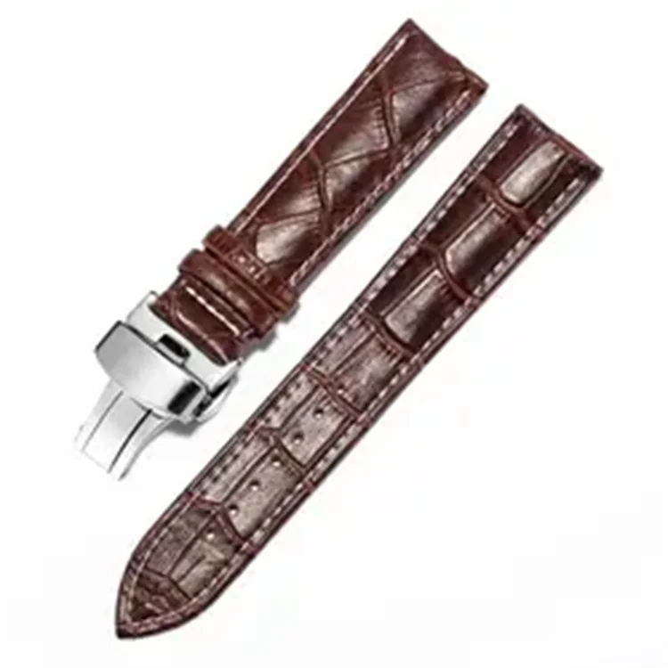 Factory Price Embossed Crocodile Pattern Calfskin Leather Bands Stainless Steel Deployment Buckle Watch Bracelet