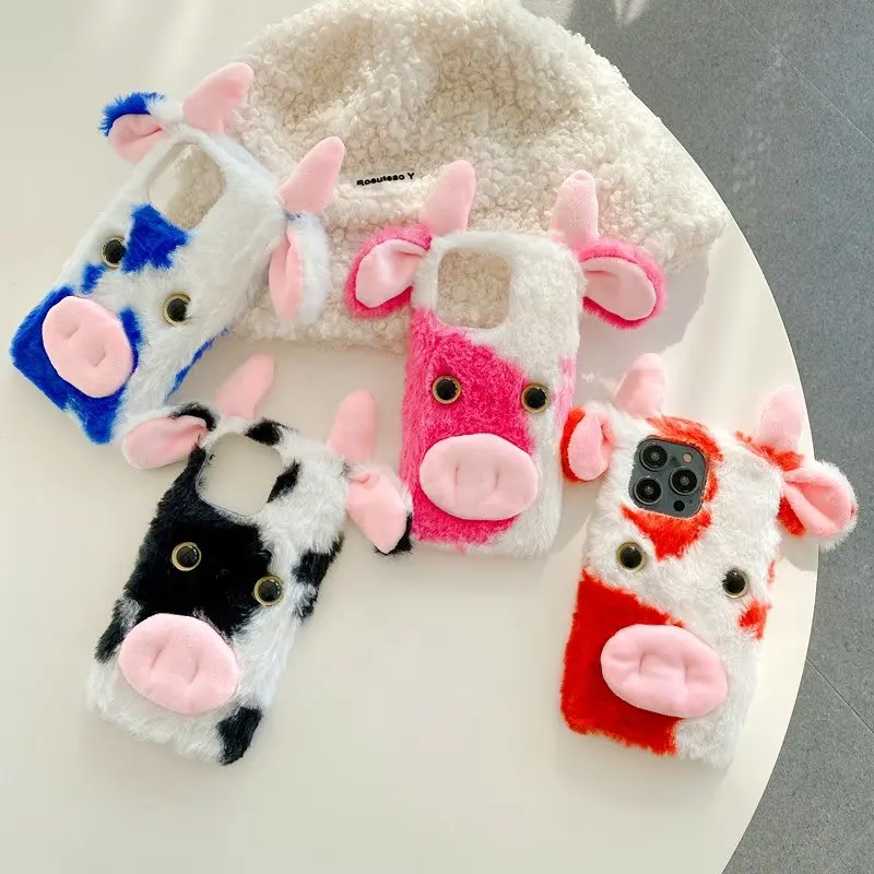 cow Gift Girls Phone Case Cute Autumn Winter Warm Plush  Warm Phone Case For Iphone 12 13 14 11Pro Max