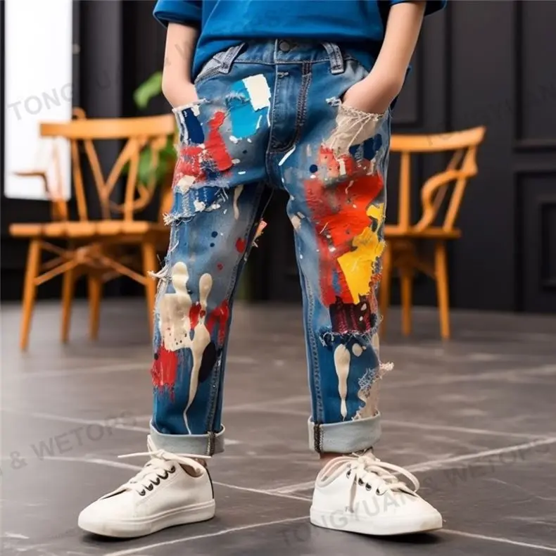 Wholesale Children Elastic Waist Jean Pants Paint Print Side Stripe Denim Ripped Straight Jeans For Kids Boy