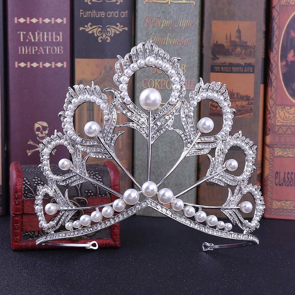 Wholesale big tiaras and peacock feather pearl tall crown tiaras for wedding adjustable crown tiara corona