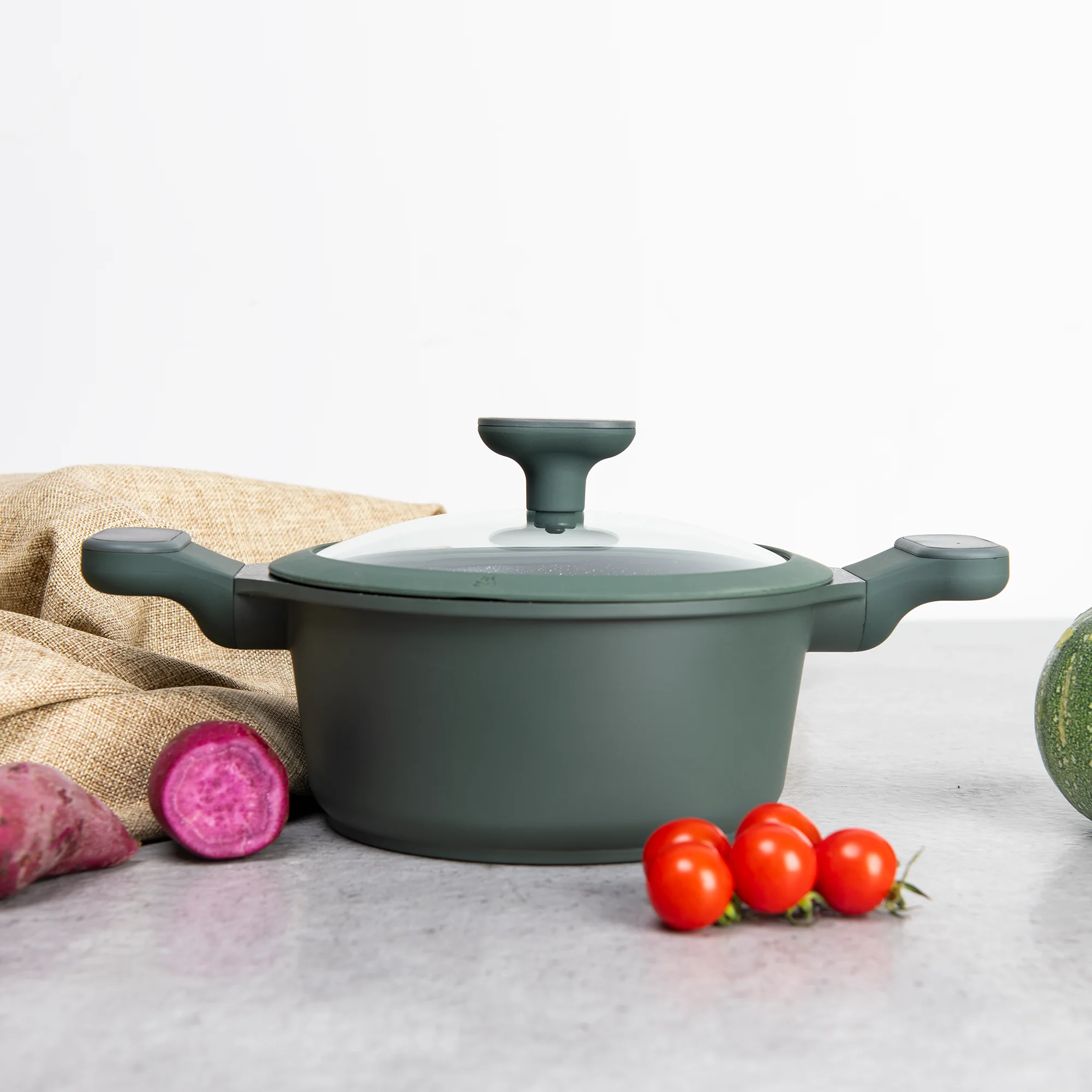  BESCO Sample Escalation Series 24cm Nonstick Marble Cast Aluminum Casserole Soup Pot Cooking with Tempered Glass Lid